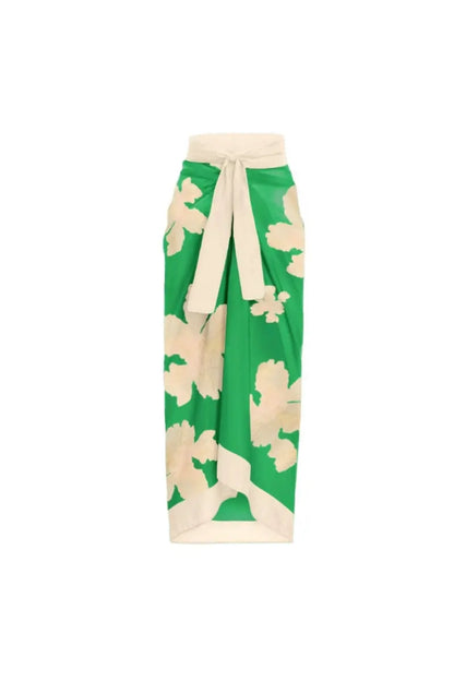 Belted Printed Swimsuits with Wrap Skirt Set
