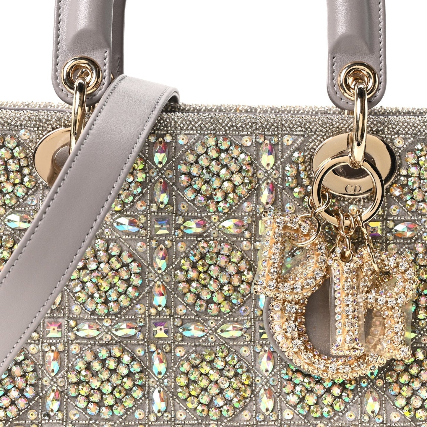 Calfskin Satin Celestial Bead Embroidery Embroidered Small Lady Dior Grey Multicolor