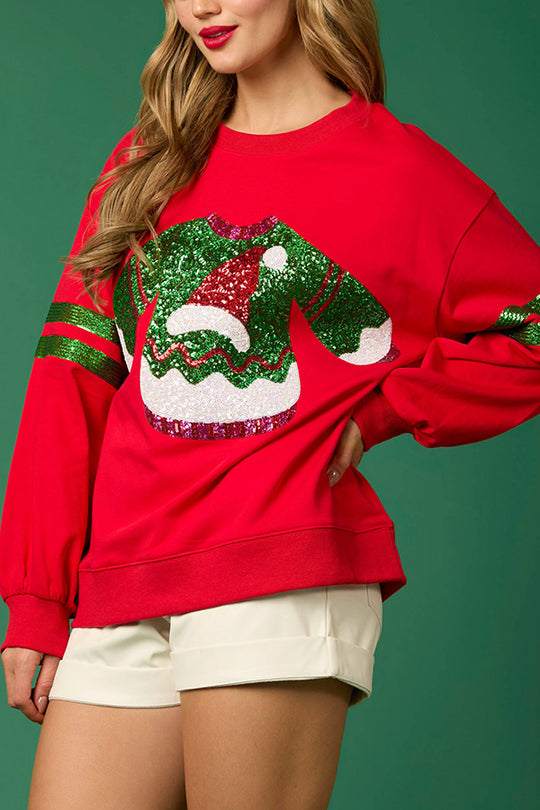 Sudadera informal de cuello redondo con lentejuelas navideñas