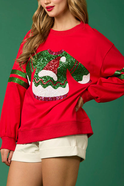 Sudadera informal de cuello redondo con lentejuelas navideñas