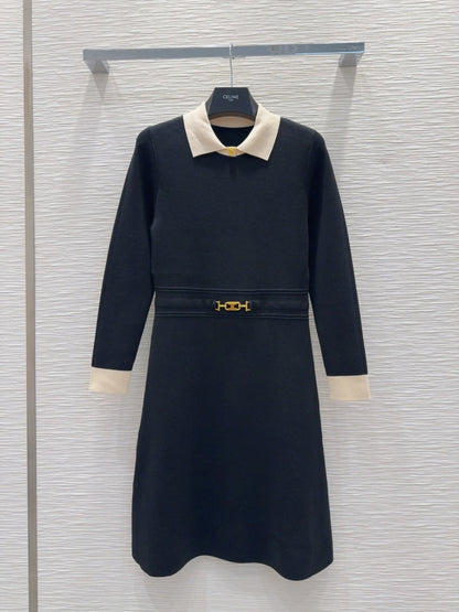 Celine 2025 A-line Dress Black mix White Tencel cotton