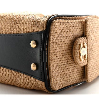 Braided Raffia Calfskin Quilted Mini Chanel 25 Handbag Beige Black