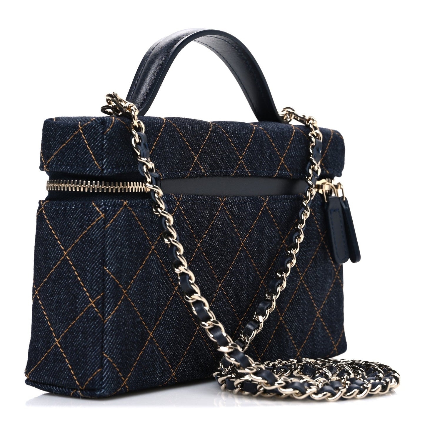 Denim Quilted Top Handle Slim Vanity Case With Chain Blue Orange