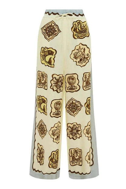 Pantalones anchos con bolsillo y cintura elástica con estampado único de mezcla de lino Lakeside Breeze