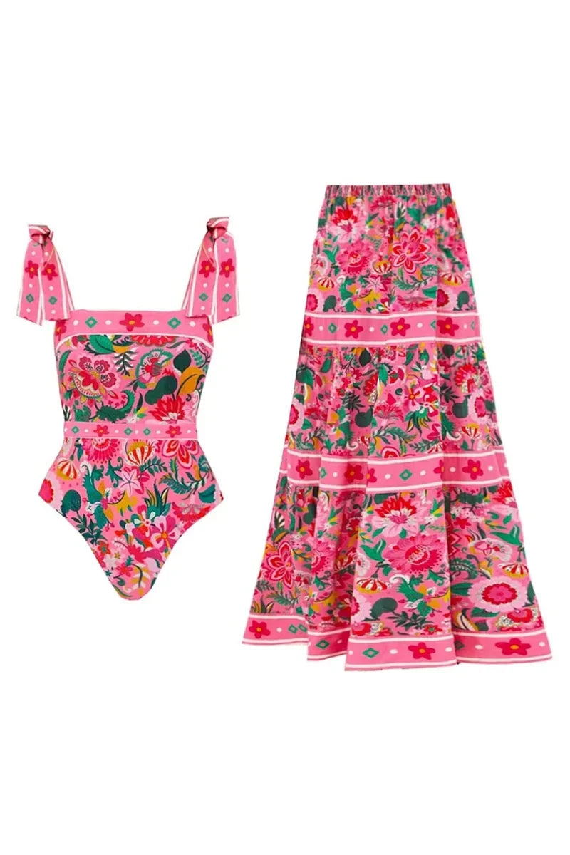 Floral Bowknot Tie One-Piece Swimsuit