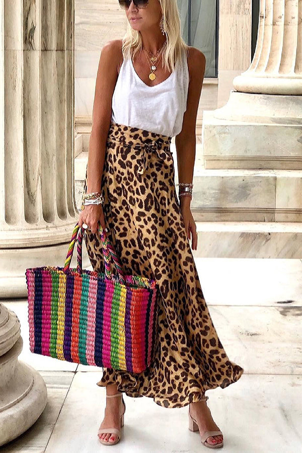 Falda midi de cintura elástica con lazo frontal y estampado de leopardo de satén de Today's Journey