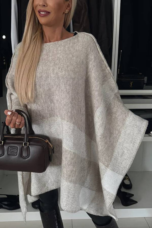 Poncho holgado con mangas murciélago, de punto a cuadros y bloques de color, tranquilo y elegante 