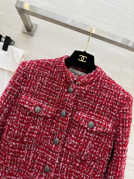 CC Woven Tweed Long-Sleeved Dress Red Pink Tweed 343197