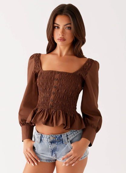 Joyce Long Sleeve Cotton Shirred Top - Chocolate