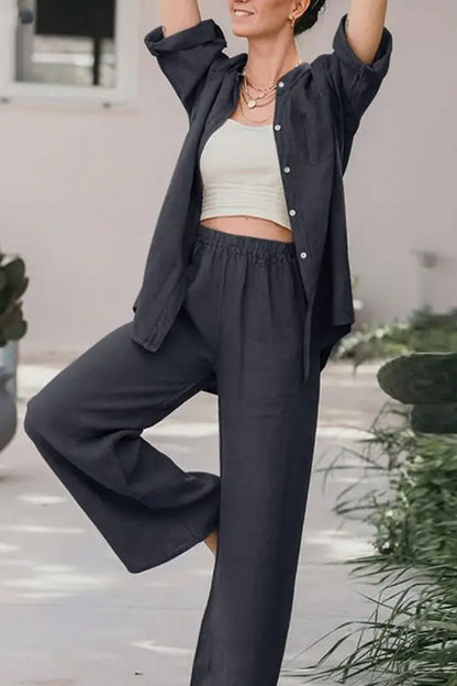 Conjunto de camisa y pantalón de color liso holgado informal