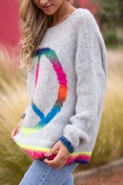 Suéter holgado con estampado de arcoíris de amor y paz 