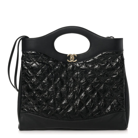 Crumpled Calfskin Quilted 31 Large Shopping Bag Black