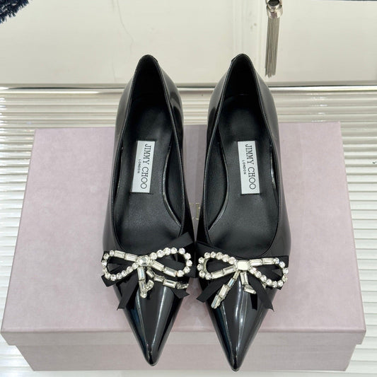 Jimmy Choo 26WF Pointed Toe Rhinestone Bow Chunky Heel Black in  Sheepskin 573540