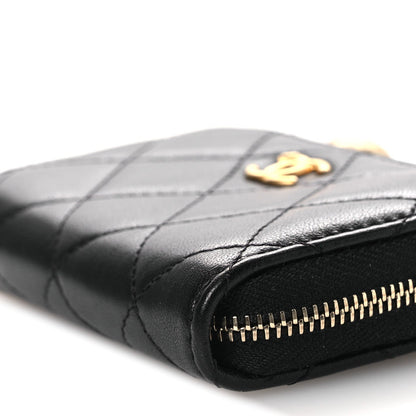 Lambskin Quilted CC Pearl Crush Zip Card Holder On Chain Black