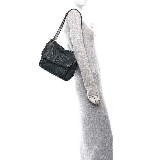 Crinkled Calfskin Matelasse Monogram Medium Niki Chain Satchel Storm
