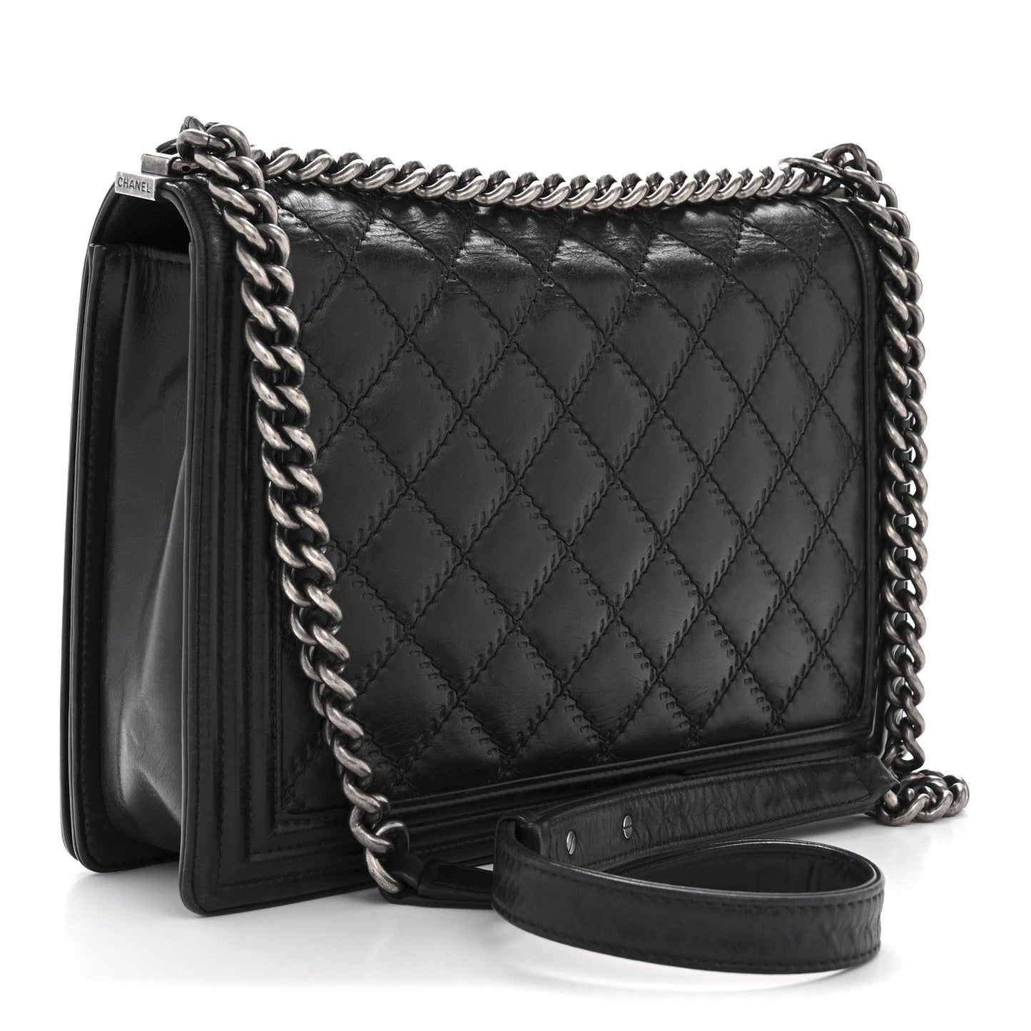 Calfskin Embossed Stitch Large Boy Flap Black