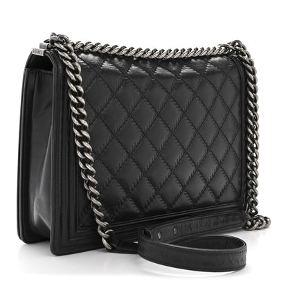 Calfskin Embossed Stitch Large Boy Flap Black