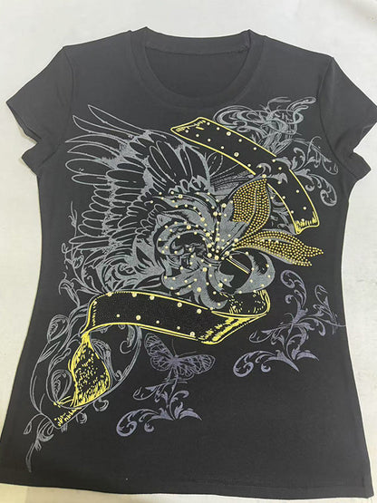 Black Vintage Printed Rhinestone Short Sleeve Tee