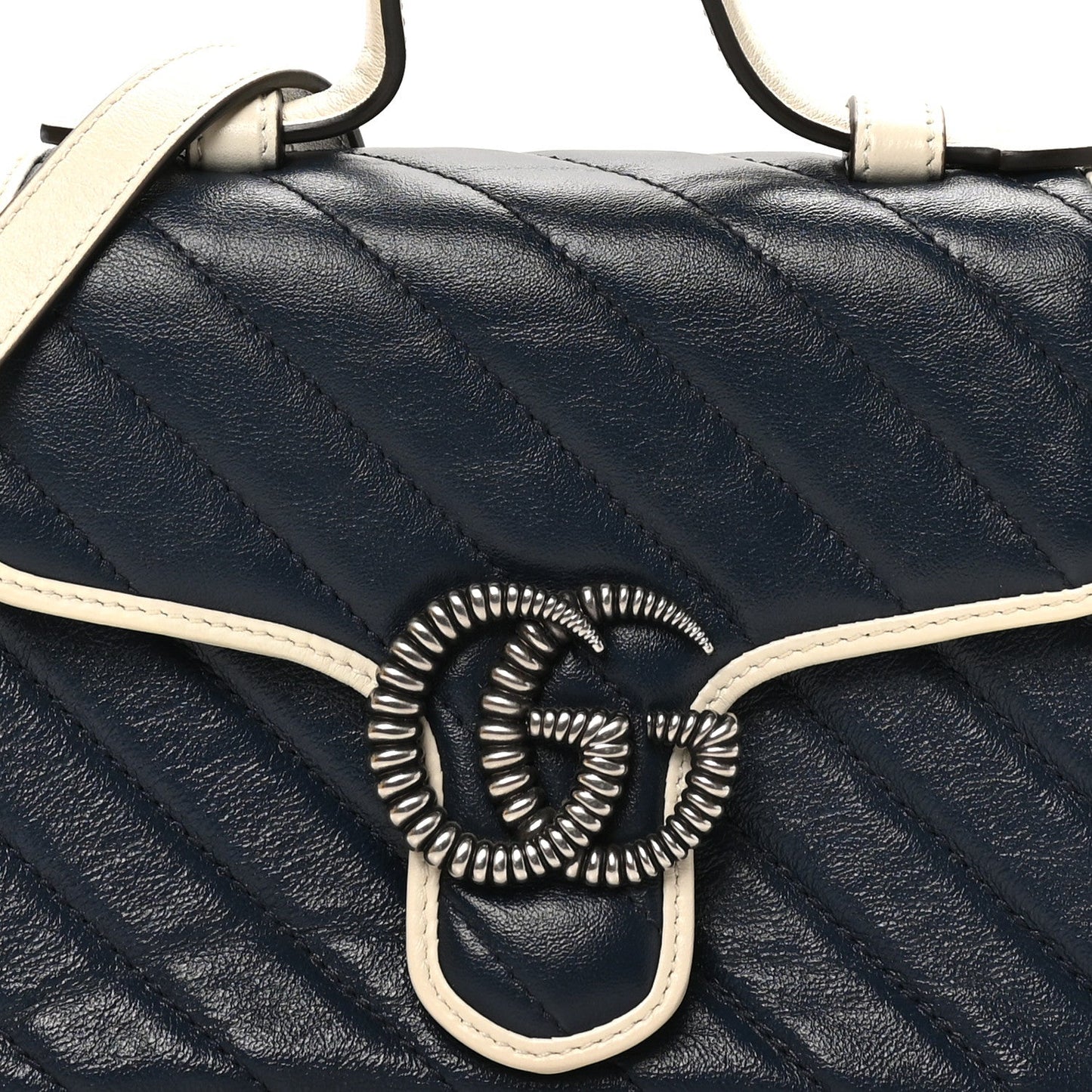 Vintage Effect Calfskin Matelasse Diagonal Mini Torchon GG Marmont Top Handle Shoulder Bag Blue Agata Mystic White