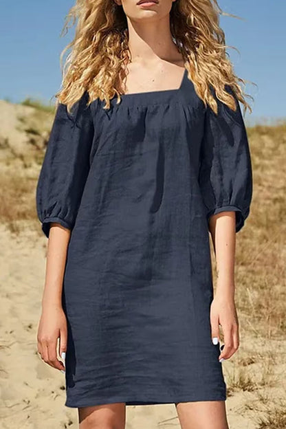 Vestido de lino y algodón con cuello cuadrado, informal, de estilo minimalista, con mangas abullonadas