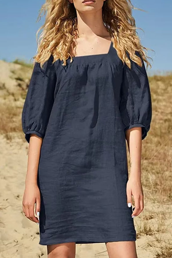 Vestido de lino y algodón con cuello cuadrado, informal, de estilo minimalista, con mangas abullonadas