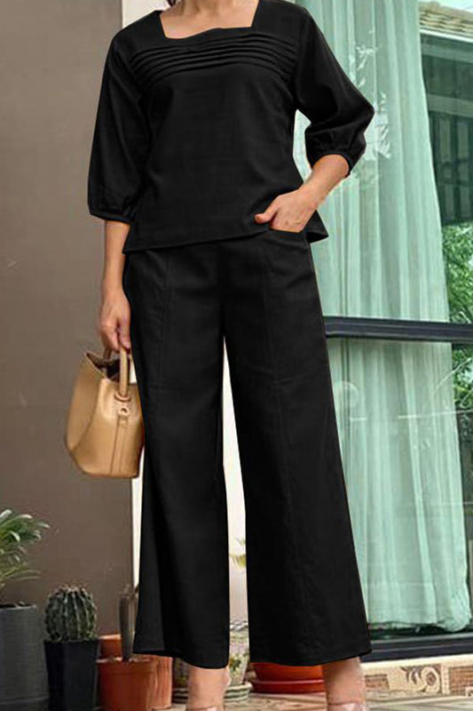 Conjunto de pantalón y blusa ancha de manga larga de color liso holgado 