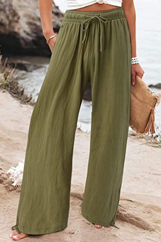 Pantalones casuales de playa de lino y algodón con cordón y pierna ancha