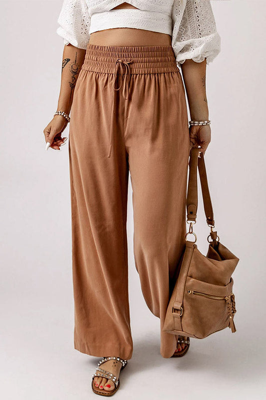 Pantalones casuales de pierna ancha con cintura elástica fruncida y cordón ajustable