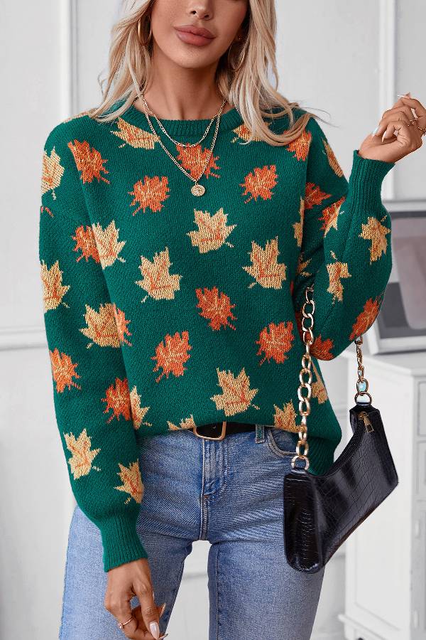 Suéter informal de jacquard con estampado de hojas de arce para mujer 