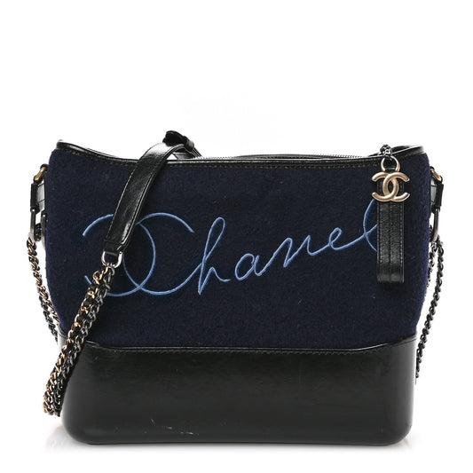 Calfskin Wool Embroidered Paris Hamburg Small Gabrielle Hobo Dark Navy Blue