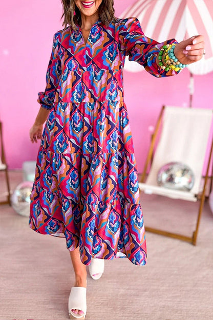 Vestido bohemio con cuello con muescas y estampado geométrico abstracto multicolor