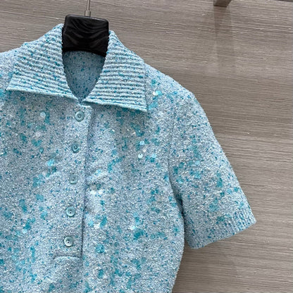 Gucci Knitted Polo Short-sleeved Top Blue Wool