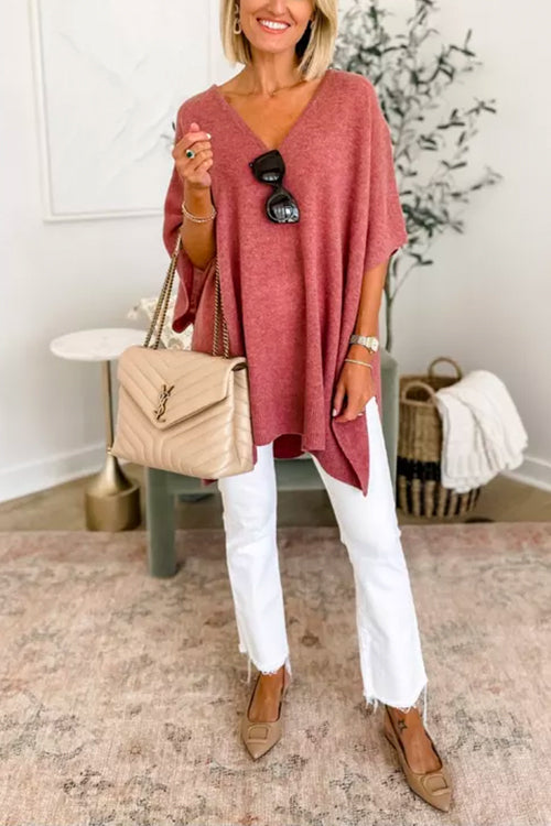 Suéter tipo poncho holgado de color liso con cuello en V más elegante