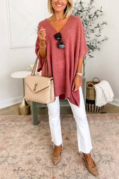 Suéter tipo poncho holgado de color liso con cuello en V más elegante