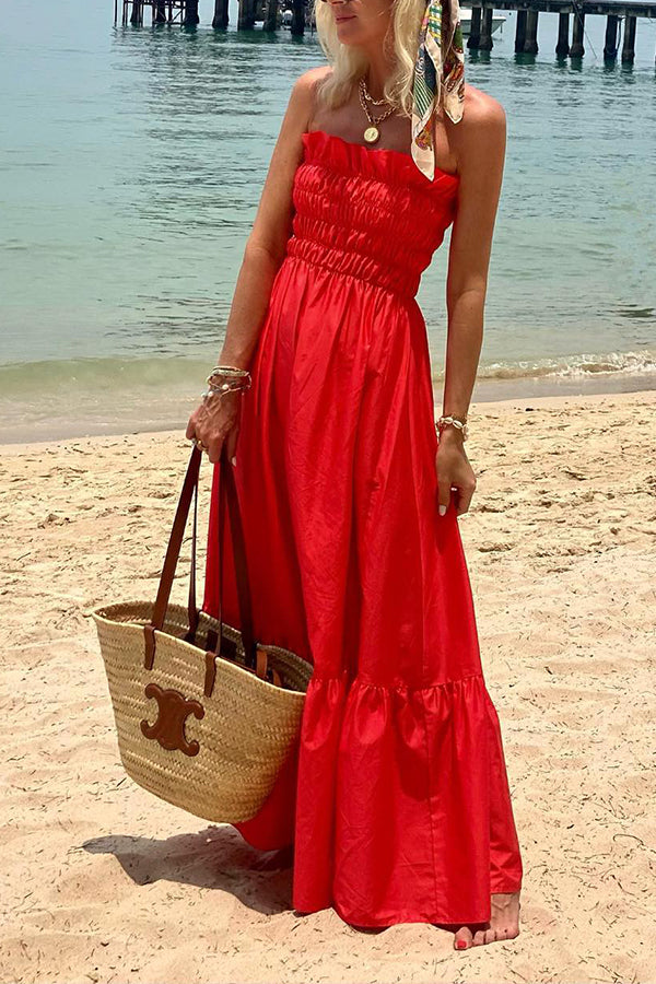 Vestido largo playero bandeau plisado con estampado playero