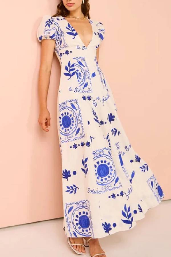 Vestido largo con bolsillos, mangas abullonadas y estampado único en mezcla de lino Embrace The Glamour