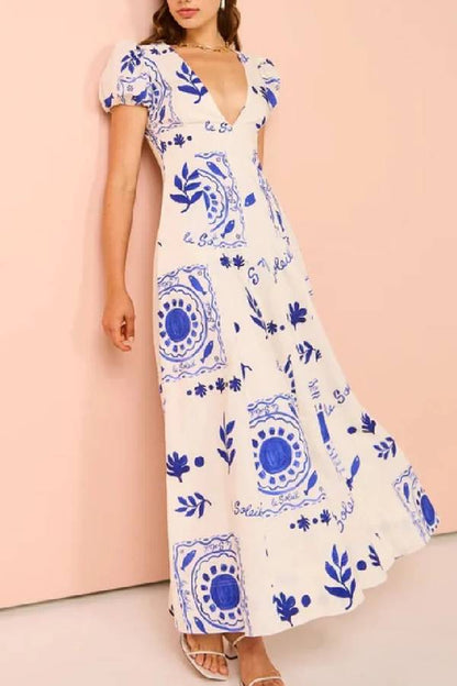 Vestido largo con bolsillos, mangas abullonadas y estampado único en mezcla de lino Embrace The Glamour