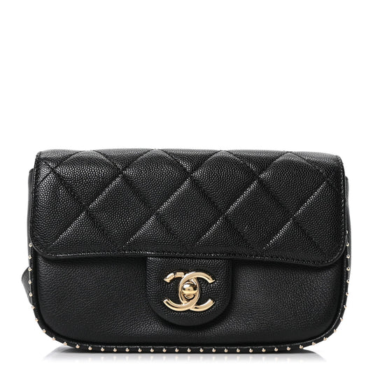 Caviar Quilted Studded Flap Waist Bag Black