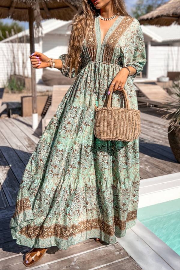 Vestido largo de cintura alta con cordón, espalda descubierta y estampado floral bohemio verde 