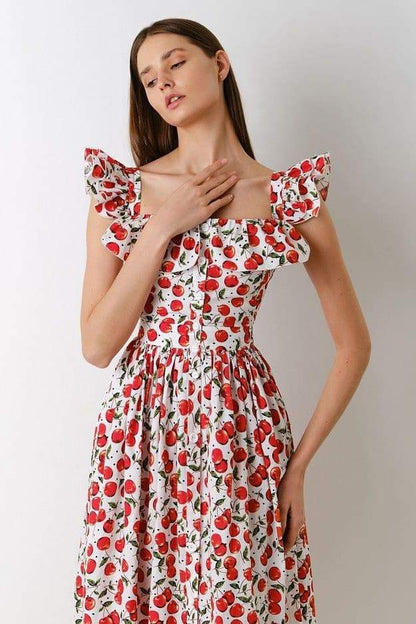 Vestido midi con volantes y estampado de cerezas de Griselda 