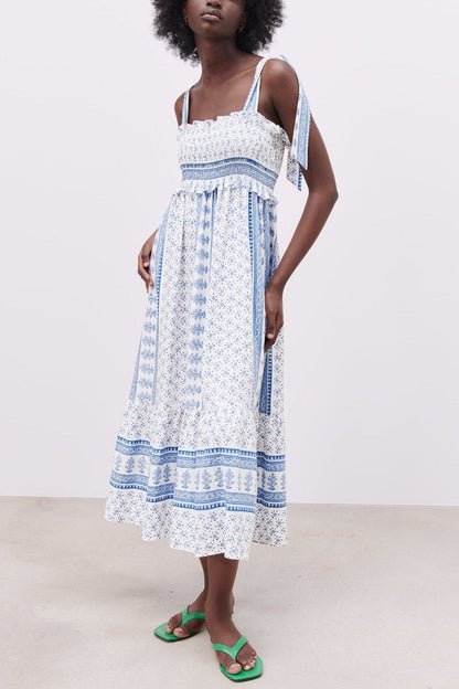 Vestido midi con tirantes fruncidos y estampado Helga 