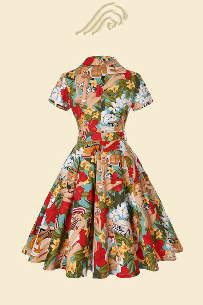 Vestido camisero de algodón con cinturón y estampado retro Helma 