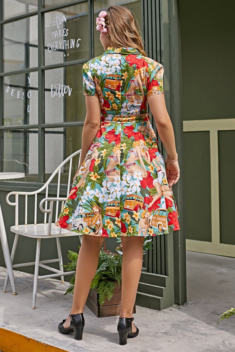 Vestido camisero de algodón con cinturón y estampado retro Helma 