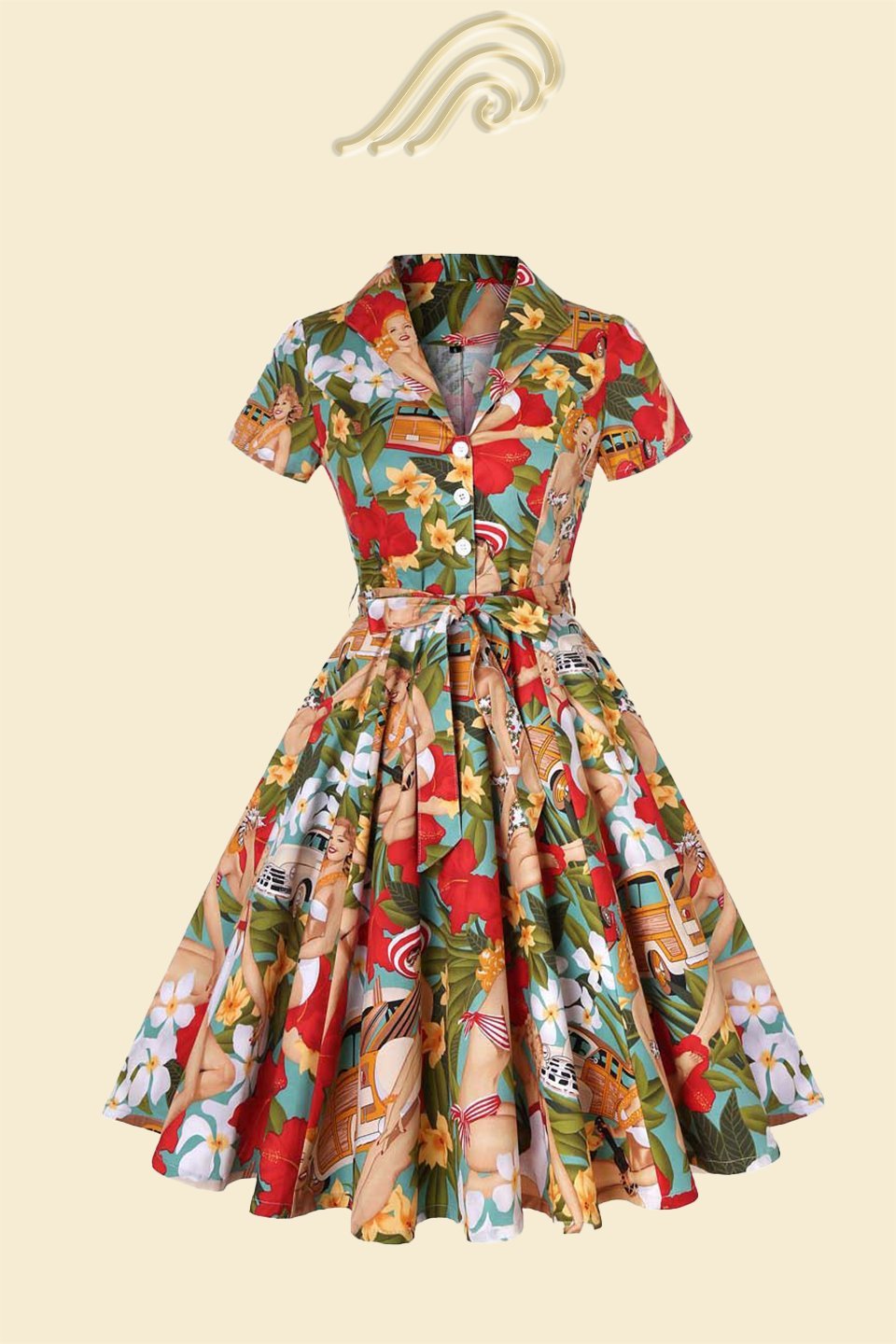 Vestido camisero de algodón con cinturón y estampado retro Helma 