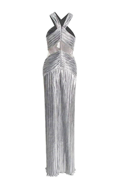 Vestido largo con cuello halter cruzado metálico Heloise 