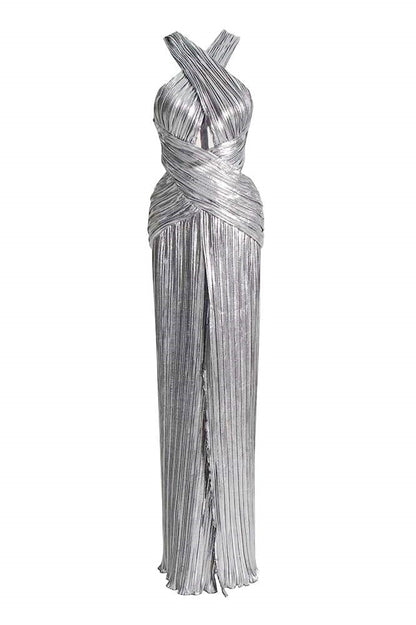 Vestido largo con cuello halter cruzado metálico Heloise 