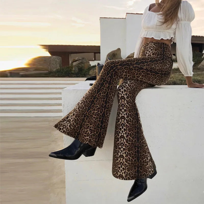 Leggings acampanados con estampado de leopardo y cintura alta para otoño e invierno 2025, pantalones ajustados sexis de moda para mujer, pantalones de club.