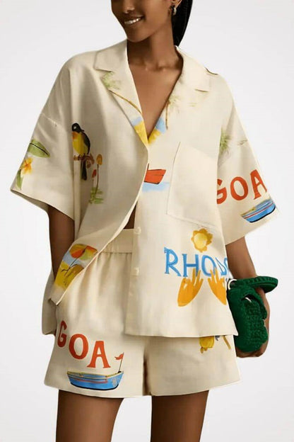 Unique Holiday Folk Floral Print Loose Shorts Two-Piece Set