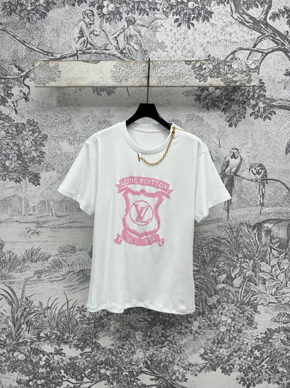 LV 25 Round Neck Metal Zipper T-Shirt Black White Cotton