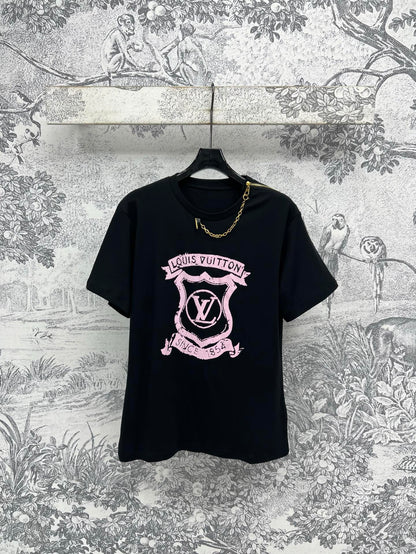 LV 25 Round Neck Metal Zipper T-Shirt Black White Cotton